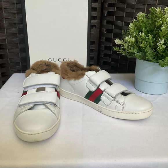 GUCCI Ace Fur lined White web Velcro Sneakers - Picture 1 of 13